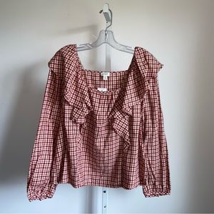 J Crew Flannel Square Neck Ruffle Top New Size XL Plaid Red Brick Long Sleeve